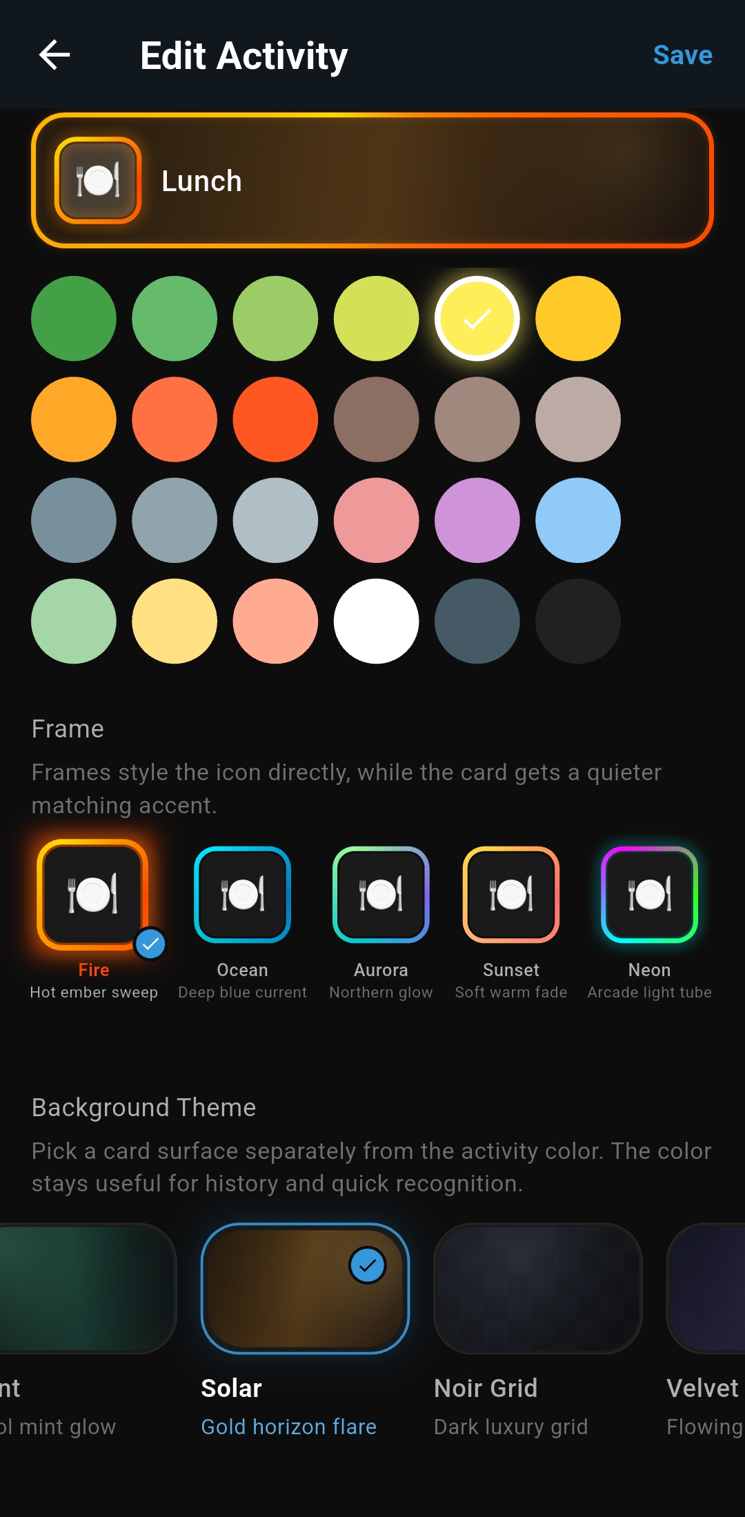 Edit activity screen with color palette, premium frames, gradient backgrounds, and Quick Log button customization