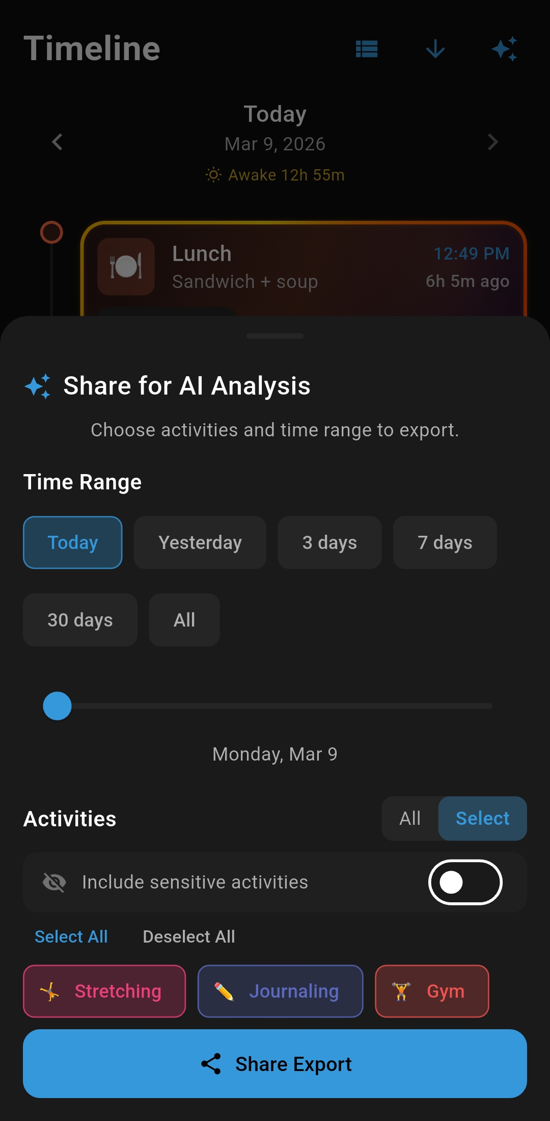 AI export sheet with activity filter and day slider