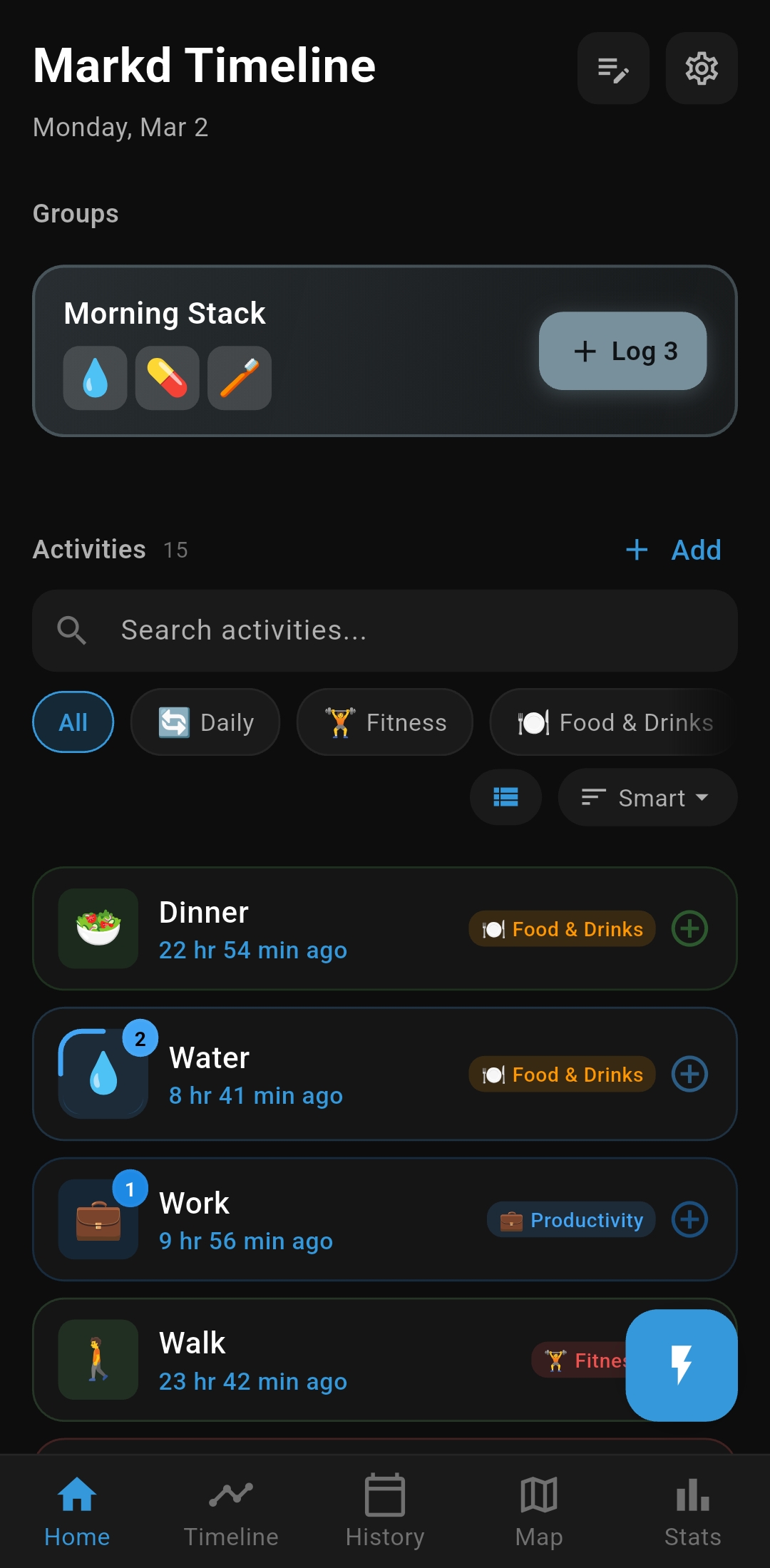 Home screen with activity list, categories, and goal progress rings
