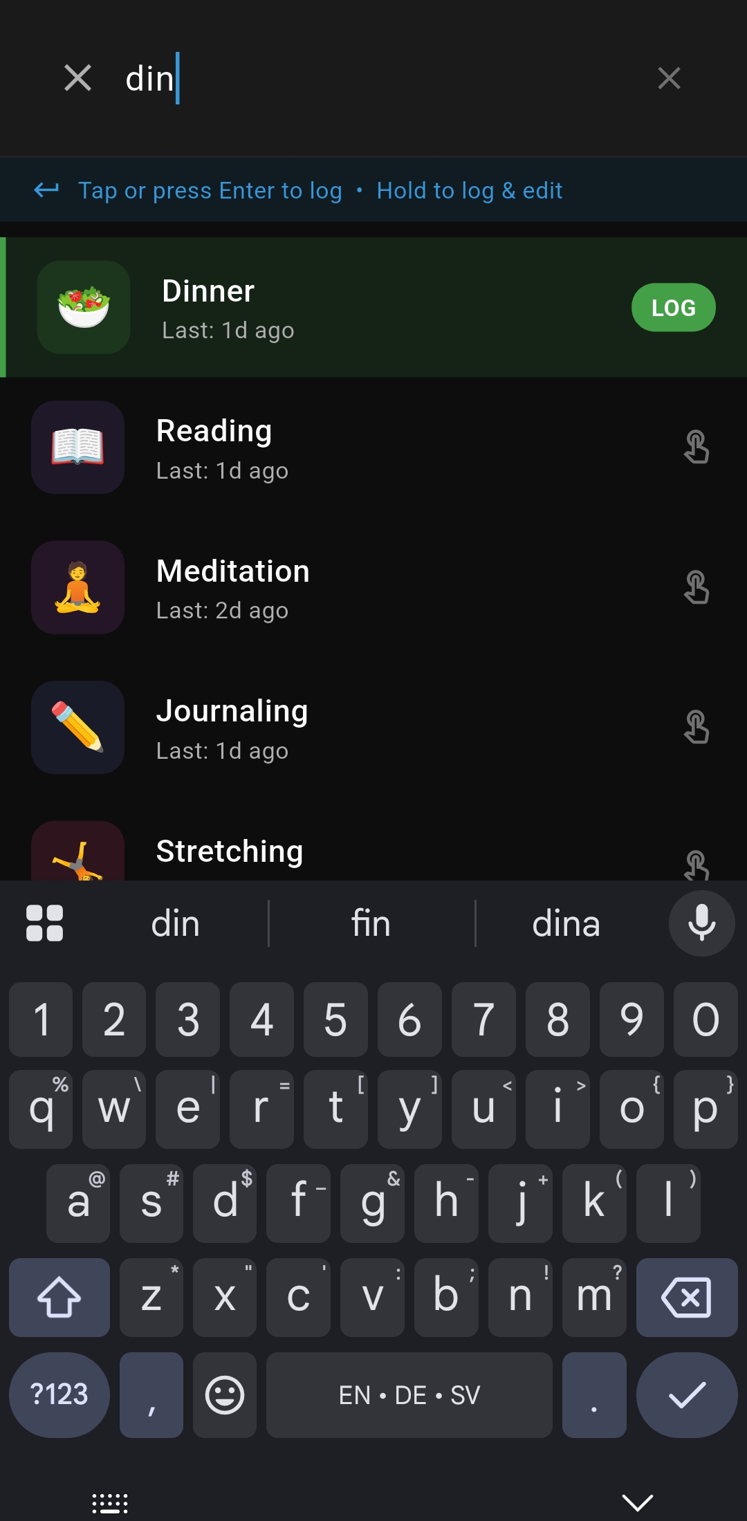 Quick Log screen with search and instant logging